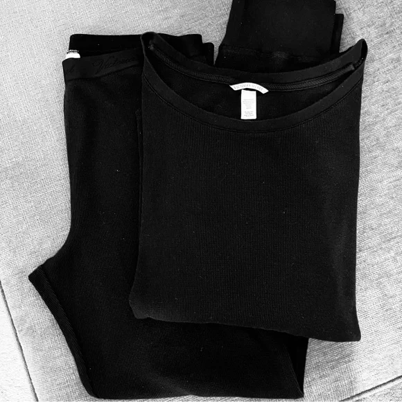 VICTORIA’S SECRET Black Long Thermal Waffle Knit Pajama Set XL Long - Picture 3 of 4